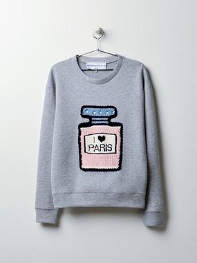 Grey Crewneck Sweater with Pink Paris Perfume Graphic